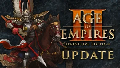 Official Age of Empires III: Definitive Edition artwork showing a mounted warrior beside the Update title.