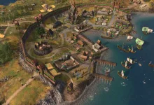 An Age of Empires IV Viking settlement stretches along the coast, with fortifications, buildings, villagers, and ships in the harbor.