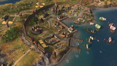An Age of Empires IV Viking settlement stretches along the coast, with fortifications, buildings, villagers, and ships in the harbor.