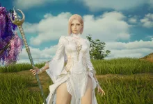 A white-haired fantasy character holding a staff stands in a grassy field in AION 2.