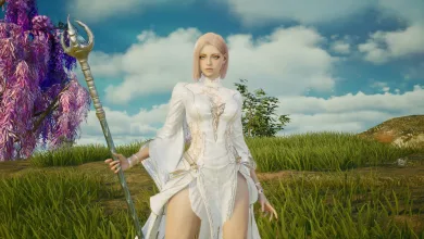 A white-haired fantasy character holding a staff stands in a grassy field in AION 2.
