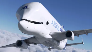 Airbus BelugaXL cargo aircraft flying above clouds in Microsoft Flight Simulator 2020.