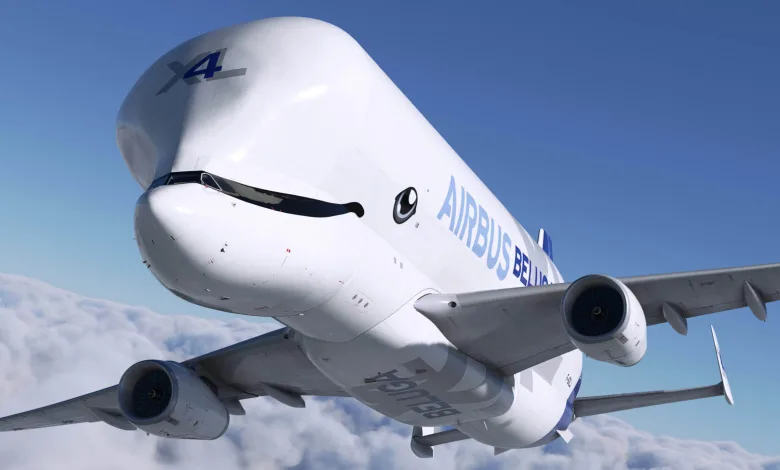 Airbus BelugaXL cargo aircraft flying above clouds in Microsoft Flight Simulator 2020.