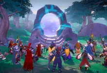 Albion Online characters gather before a glowing portal in a forested landscape