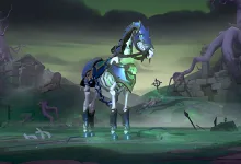 An armored skeletal horse stands in a green-lit haunted landscape in Albion Online.
