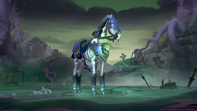 An armored skeletal horse stands in a green-lit haunted landscape in Albion Online.