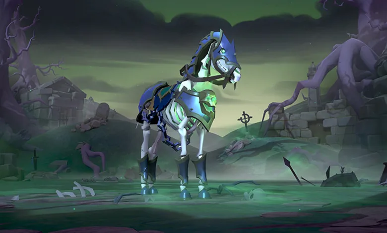 An armored skeletal horse stands in a green-lit haunted landscape in Albion Online.