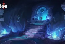 A blue-lit stone passage leads to a glowing circular doorway in Albion Online's Dragon Sanctuary artwork.
