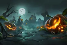 Glowing jack-o'-lanterns line a path toward a haunted village under a full moon in Albion Online artwork
