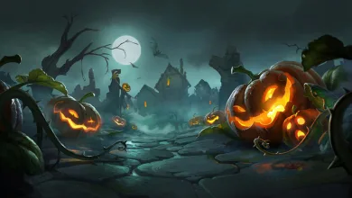 Glowing jack-o'-lanterns line a path toward a haunted village under a full moon in Albion Online artwork
