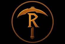A gold emblem combining a stylized letter R with a pickaxe inside a circle on a black background