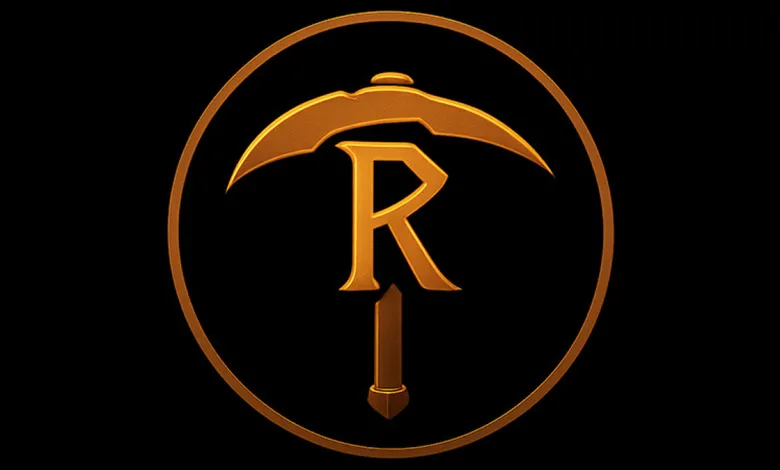 A gold emblem combining a stylized letter R with a pickaxe inside a circle on a black background