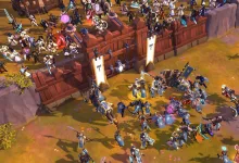 Large groups of Albion Online players and mounted fighters mass near a fortified wall during a battle