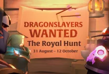 Armored Albion Online characters flank a poster for The Royal Hunt, dated 31 August to 12 October.