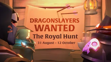 Armored Albion Online characters flank a poster for The Royal Hunt, dated 31 August to 12 October.