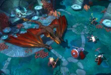 A red dragon faces several armored characters in a blue cavern in Albion Online.