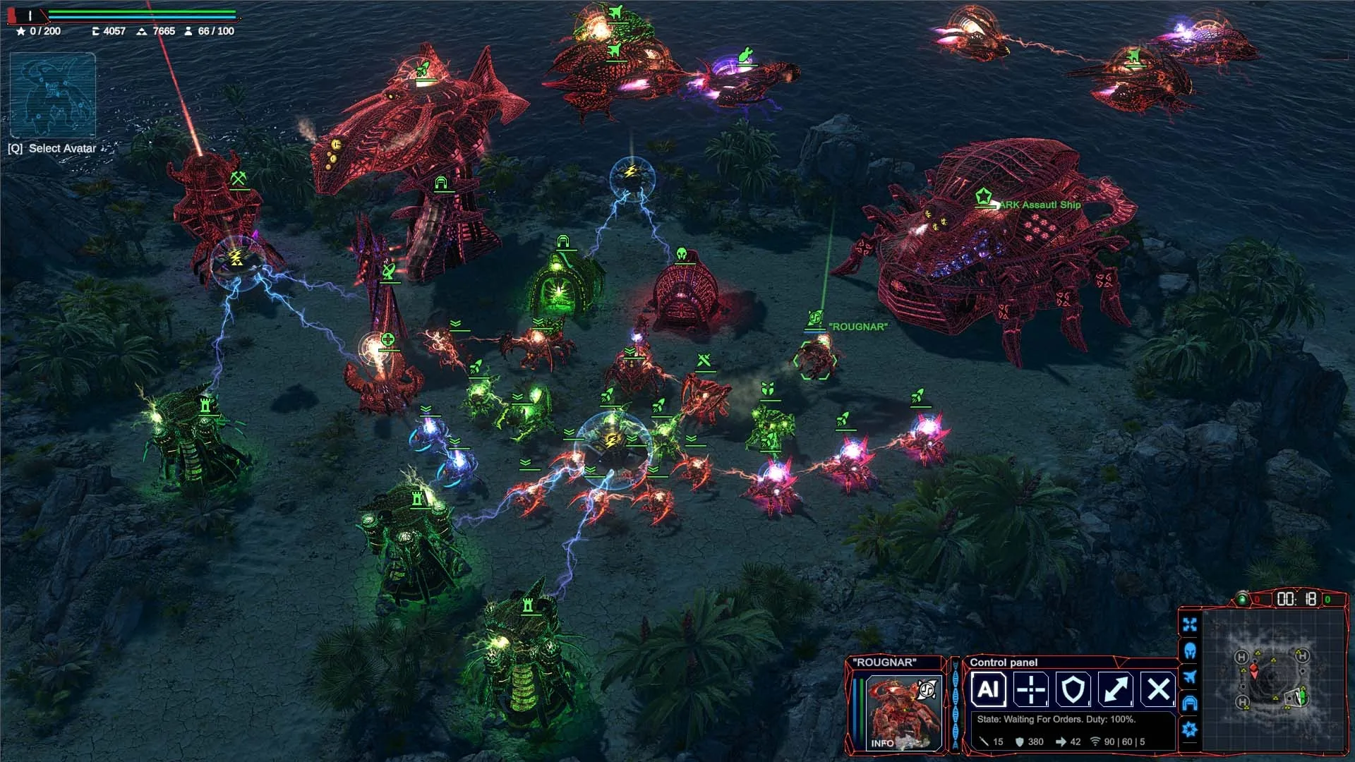 Alien forces and human units clashing in a real-time strategy battle