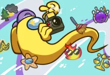 A yellow Among Us character with an elongated body holds a camera among colorful game objects