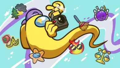A yellow Among Us character with an elongated body holds a camera among colorful game objects