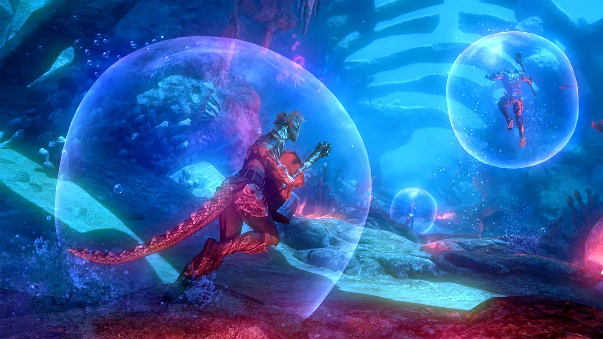 An adventurer exploring underwater in a glowing Dwemer diving chamber