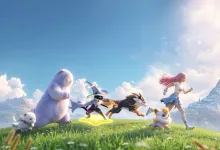 Aniimo characters and colorful creatures running across a sunlit meadow beneath a blue sky