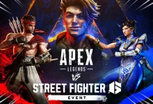 Apex Legends and Street Fighter 6 crossover artwork showing Ryu, Chun-Li, and an Apex Legends character