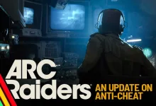 A raider sits at a control console in a blue-lit room, with ARC Raiders anti-cheat update text beside them.