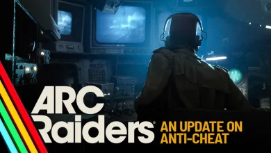A raider sits at a control console in a blue-lit room, with ARC Raiders anti-cheat update text beside them.