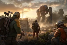 Three ARC Raiders face a towering mechanized threat in a dusty post-apocalyptic landscape.
