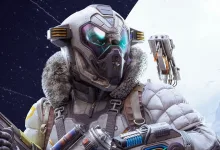 An armored ARC Raiders character carries weapon equipment in a snowy environment.