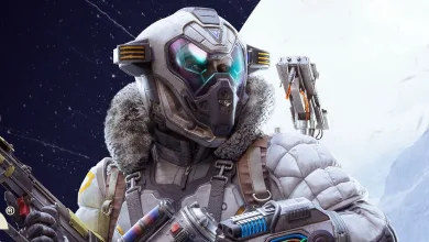 An armored ARC Raiders character carries weapon equipment in a snowy environment.