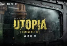 Promotional artwork for Arena Breakout: Infinite Season 7 Utopia showing a rain-streaked industrial window with the text Utopia and Coming Sep 16.