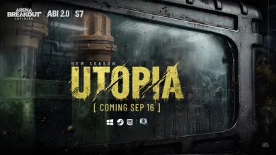 Promotional artwork for Arena Breakout: Infinite Season 7 Utopia showing a rain-streaked industrial window with the text Utopia and Coming Sep 16.
