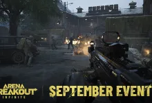 Arena Breakout: Infinite gameplay shows a player aiming through a combat area while other fighters and explosions fill the scene.