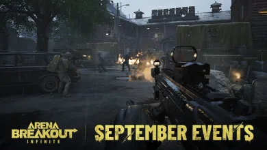 Arena Breakout: Infinite gameplay shows a player aiming through a combat area while other fighters and explosions fill the scene.