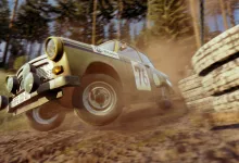 Rally car kicking up dust on a forest dirt road in Arma Reforger - Rally