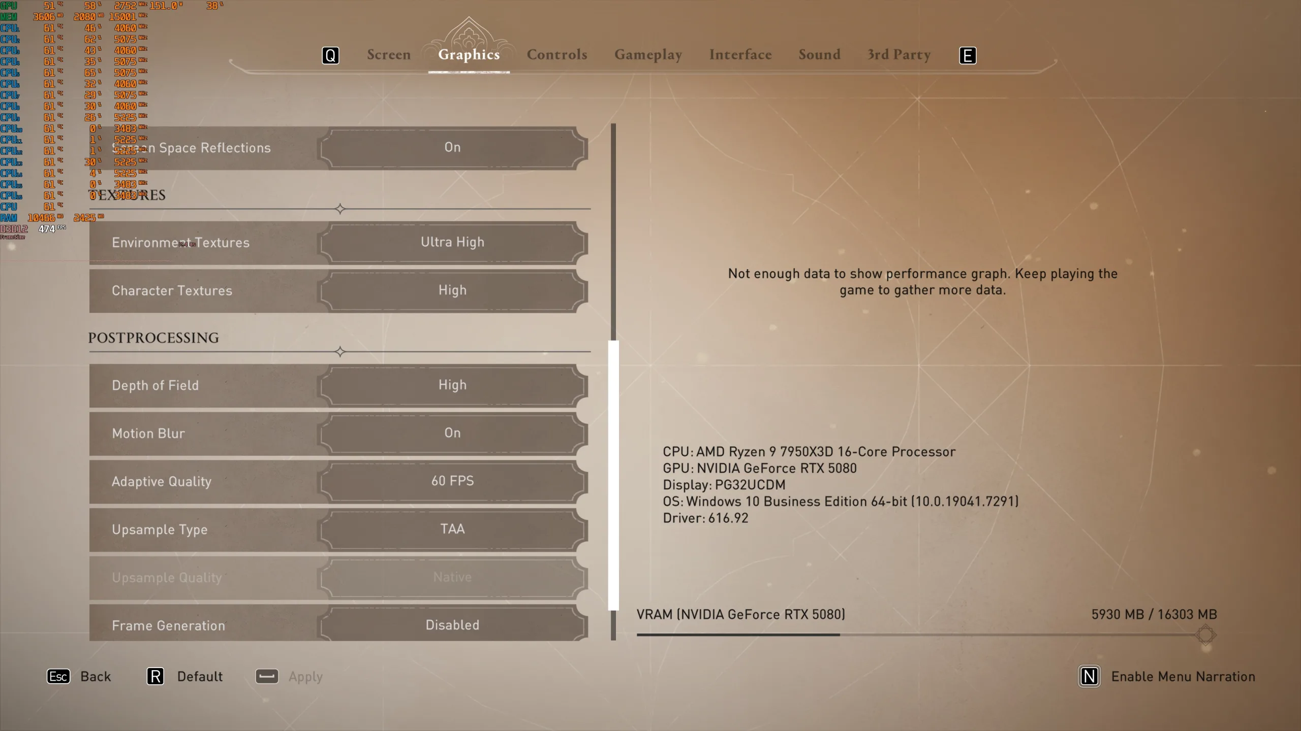 Assassin's Creed Mirage graphics settings with Adaptive Quality disabled