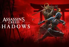Assassin's Creed Shadows artwork showing a hooded shinobi and armored samurai against a red background