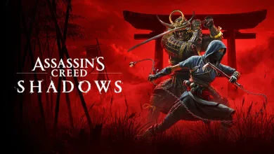 Assassin's Creed Shadows artwork showing a hooded shinobi and armored samurai against a red background