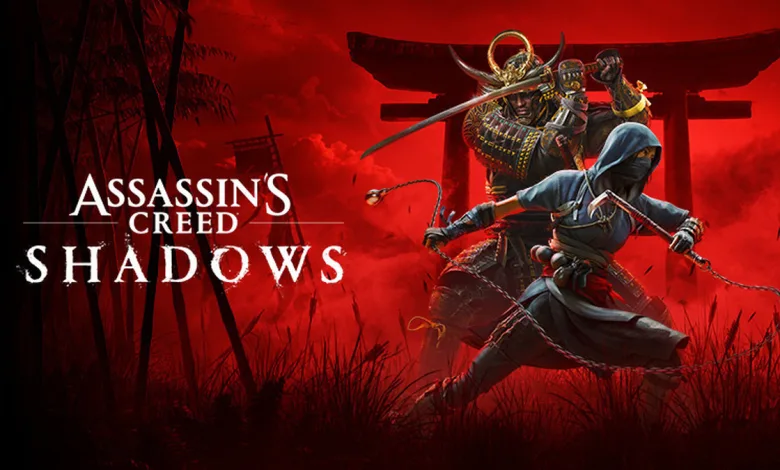 Assassin's Creed Shadows artwork showing a hooded shinobi and armored samurai against a red background