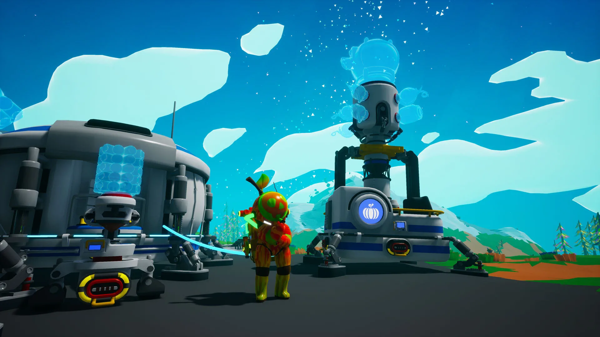 Astroneer base with an EXO Request Platform and a player character