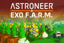 Astroneer EXO F.A.R.M. artwork showing unusual plants in a field with a rover