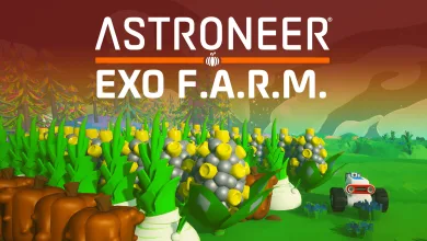 Astroneer EXO F.A.R.M. artwork showing unusual plants in a field with a rover
