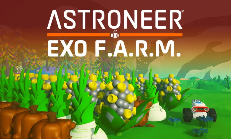 Astroneer EXO F.A.R.M. artwork showing unusual plants in a field with a rover