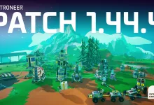 ASTRONEER Patch 1.44.4 artwork showing vehicles, equipment, and base structures on a colorful alien planet