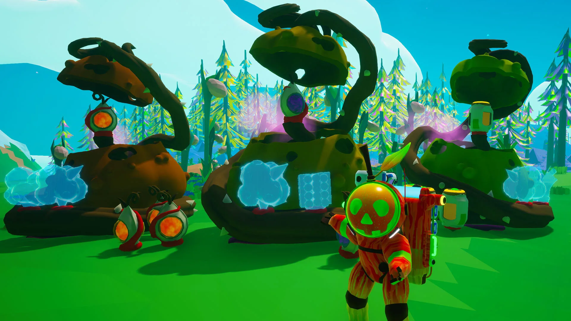 Astroneer player standing near Cauldrangea plants