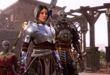 A Baldur's Gate 3 party stands together in a sunlit ruined courtyard, with armored characters and companions visible.
