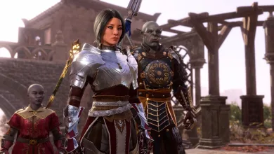 A Baldur's Gate 3 party stands together in a sunlit ruined courtyard, with armored characters and companions visible.