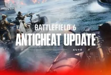 Battlefield 6 soldiers in combat boats on the water with an anticheat update graphic