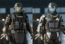 Two armored Battlefield 6 soldier cosmetics wearing glowing Dead Space-inspired helmets